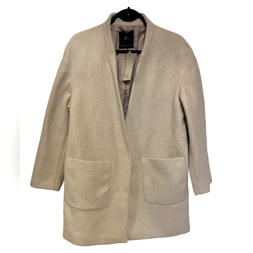 NWT Zara Outerwear Cream Tan Collarless Coat Sz L